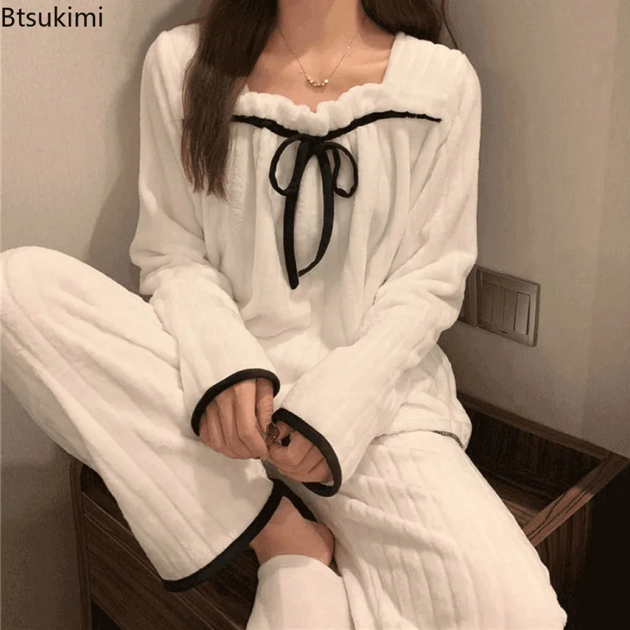 

2025 Women's Pajama Sets Autumn Flannel Long Sleeve Pants Warm Sleepwear 2 Pieces Women Home Suit Soft Fluffy Lounge Night Wear