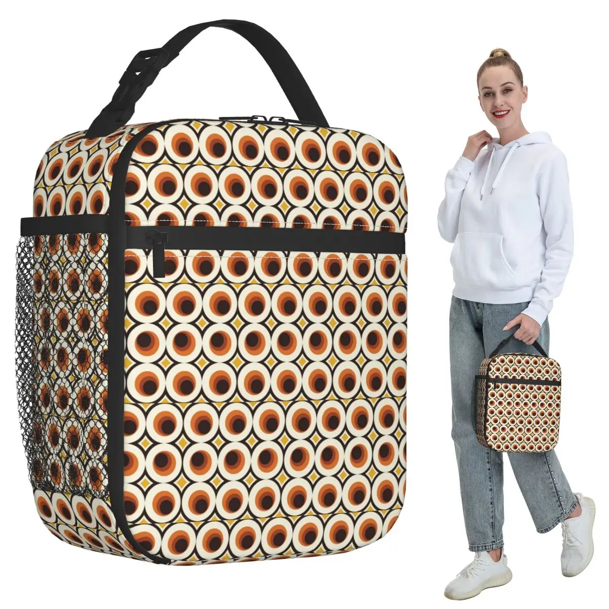 1970s Orange Mid-Century Modern Circle 1 Insulated Lunch Bag School Cooler Thermal Food Box Tote Portable Lunch Boxes Container