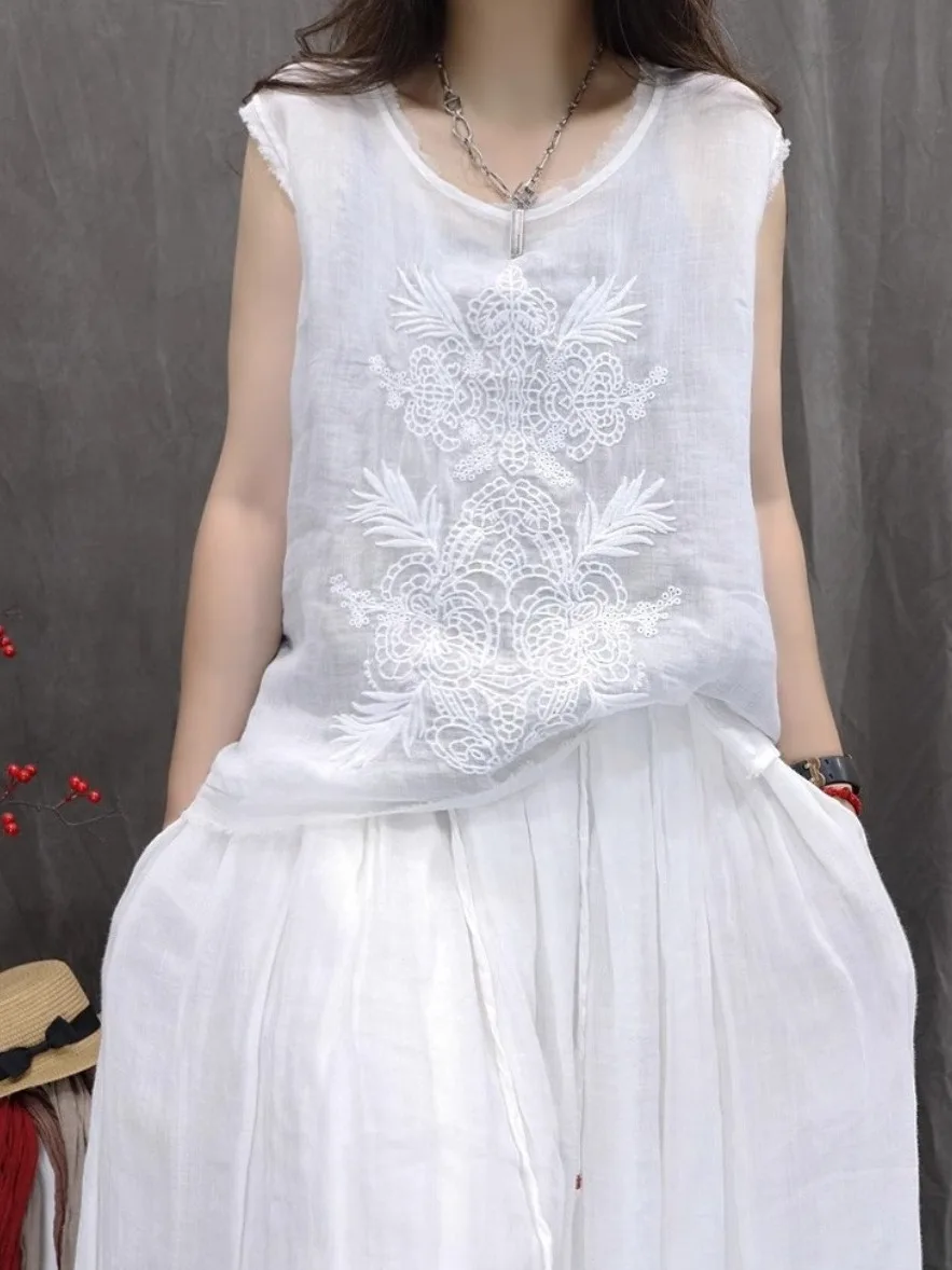 Elegant Embroidered Cotton Linen Vest Shirt Women Summer Loose Casual Patchwork Lace Sleeveless Small Top Upper Apparel