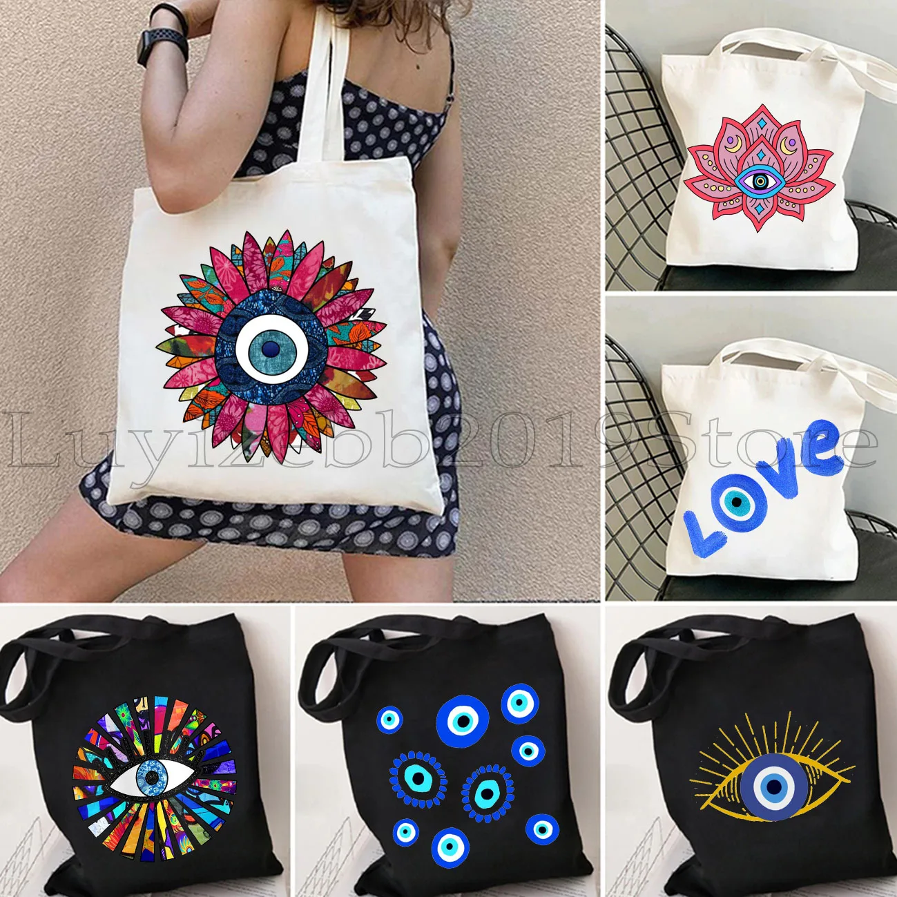 

Colorful Evil Eyes Stylish Amulet Blue Nazar Greek Evil Eye Bird Feather Graffiti Women Canvas Shoulder Tote Bag Cotton Handbag