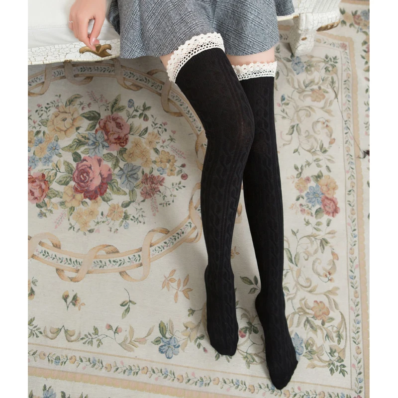 Sexy Medias Lace Up Long Knee Socks Women Over Knee Thigh High Stockings Fashion Ladies Girls Warm Sexy Blend Tights Black White