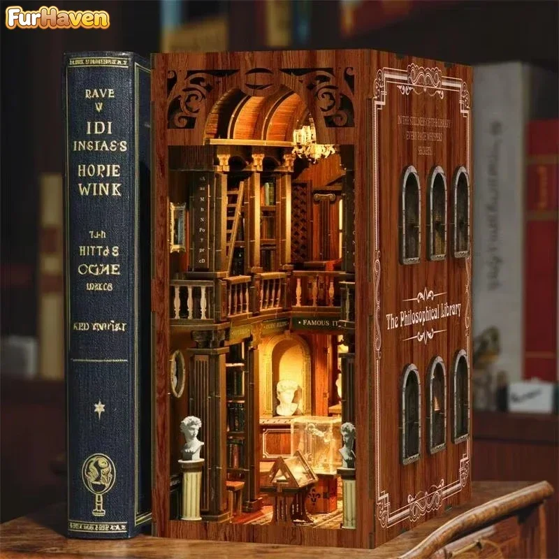 The philosophical Library Bookshelf Home Decoration, Retro DIY Wooden Book Nook Shelf Insert Miniature Kits Adult Handmade Gifts