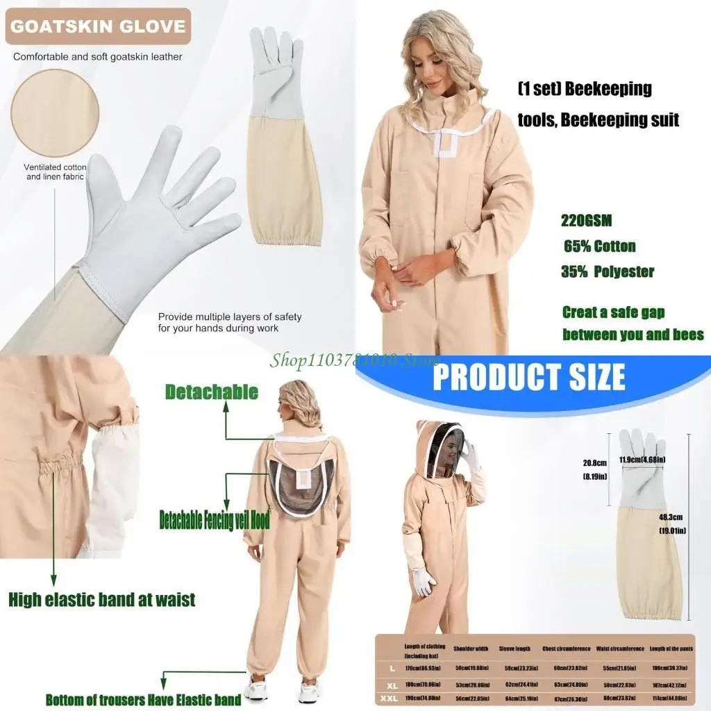 U55D Entire Body Beekeeping Suit With Goat Leather Gloves Ventilated Cotton Blend Protective Gear