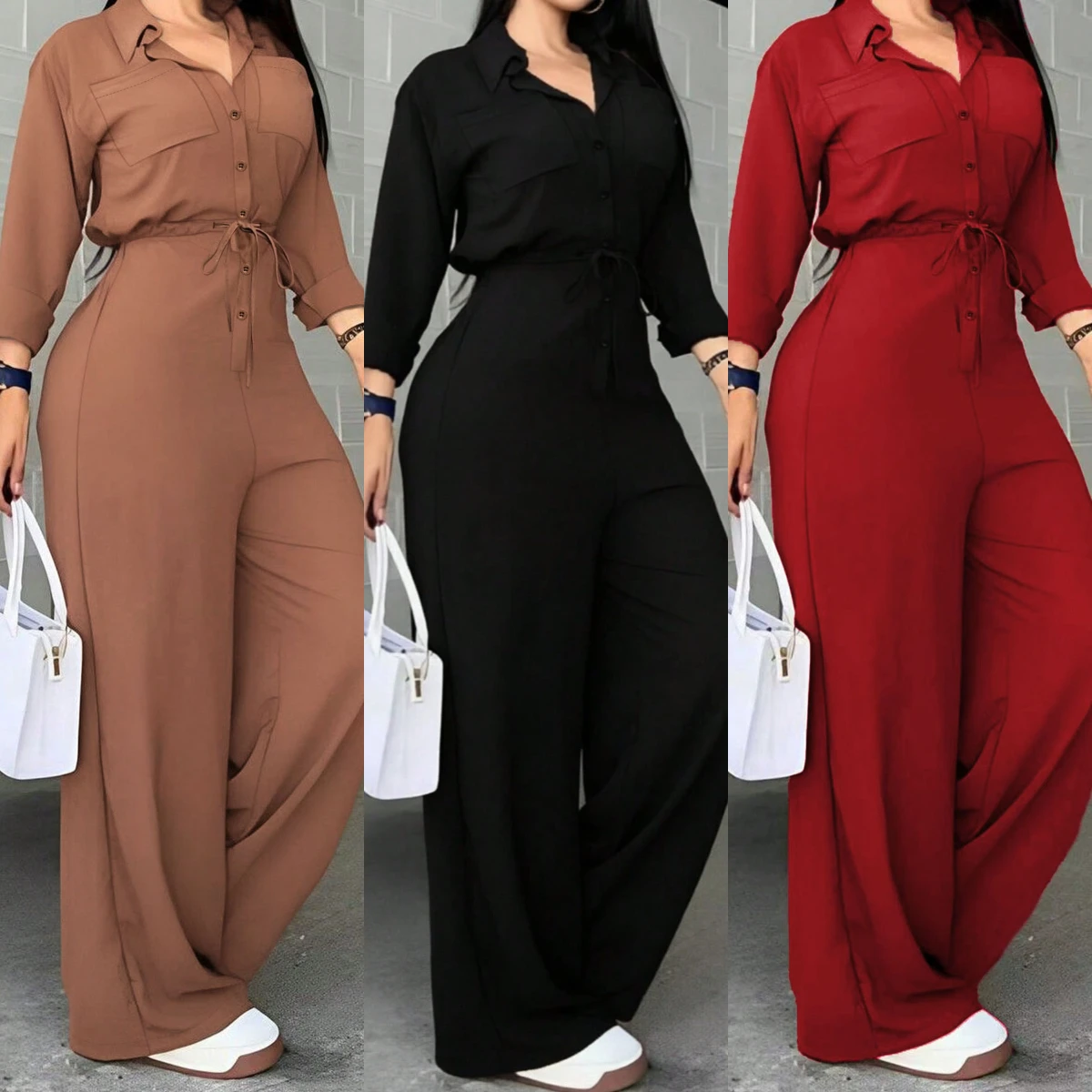 Women's Solid Color Lapel Collar Cinch Waist Shirt Style Jumpsuit Long Sleeve Autumn Winter Fashion Women Apparel