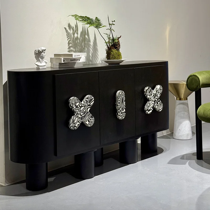 Средневековый черный обеденный боковой шкаф из цельного дерева, домашний входной шкаф в стиле ретро