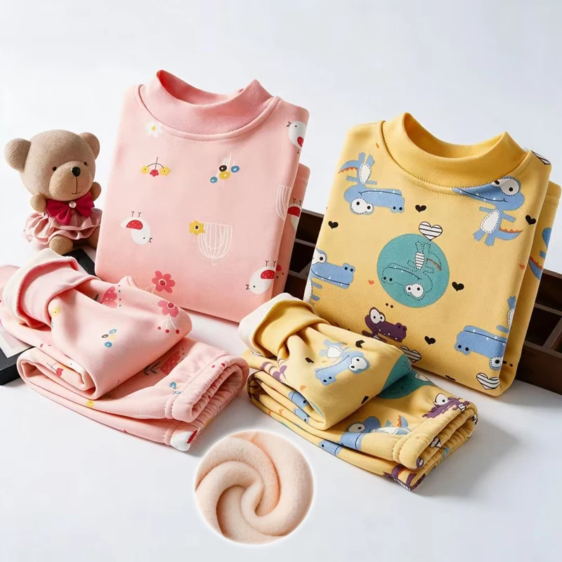 Boys' fleece-lined thick warm underwear cartoon dinosaur airplane print loungewear set autumn and winter unisex kids pajamas