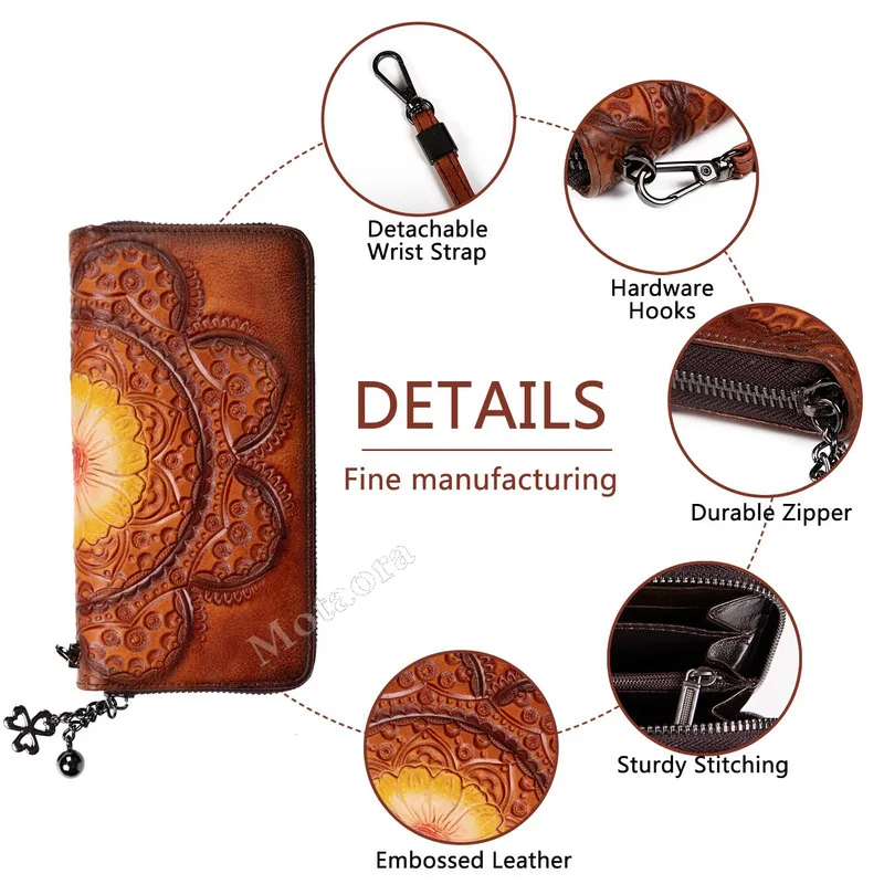 Women's RFID Blocking Wallet Genuine Cowhide Leather Handmade Embossing Vintage Long Clutch Purse with Wristlet & Card Slots NEW