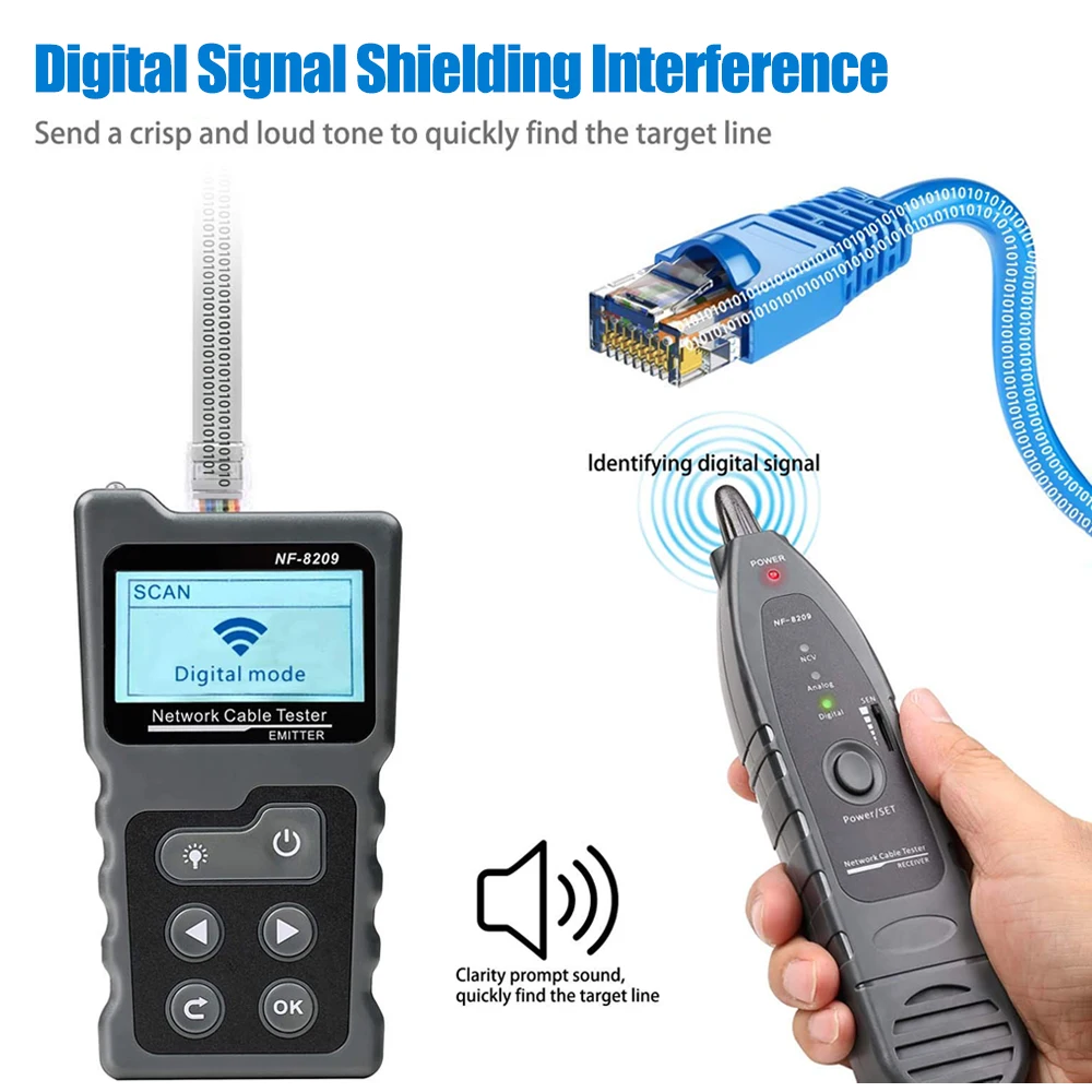 NOYAFA-Rede Cable Tester, Rastreador Cabo, Display LCD, Medir Comprimento, Wiremap Tester, Cat5, Cat6, PoE Tester, Ferramentas de Rede, NF-8209