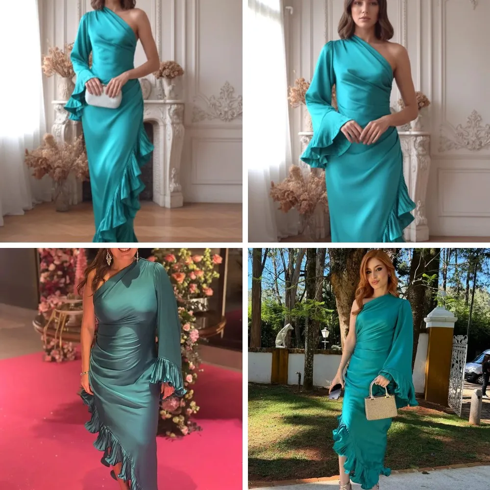 

Sexy Satin One-Shoulder Midi Dress with Ruffle Collar & Irregular Hem for Women Party 2026