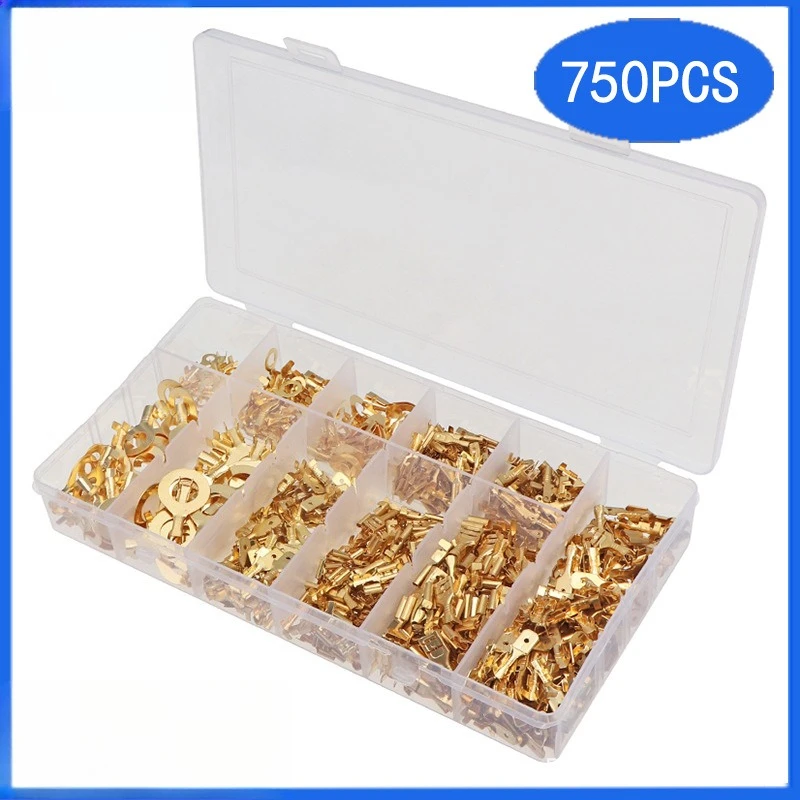 750Pcs/Box Gold Bare Male Female Tab Terminals Uninsulated Crimp Wire Connector Kit