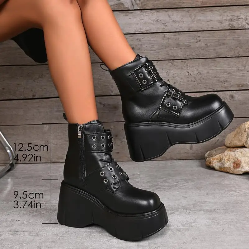Gothic Chunky Platform Black Ankle Boots Women Winter 2026 New Rock Metal Belt Buckle Wedge Heel Short Boots Woman's Y2K Shoes