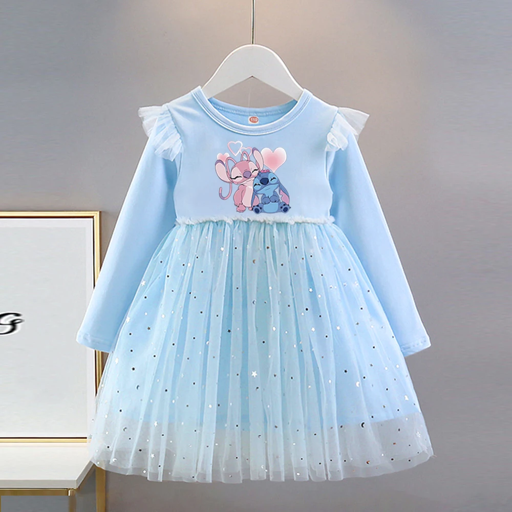 Robe de printemps et d'automne pour filles, vêtements pour enfants, robes de princesse Disney Stitch, manches longues, mignonnes pour fête d'anniversaire, nouvelle collection