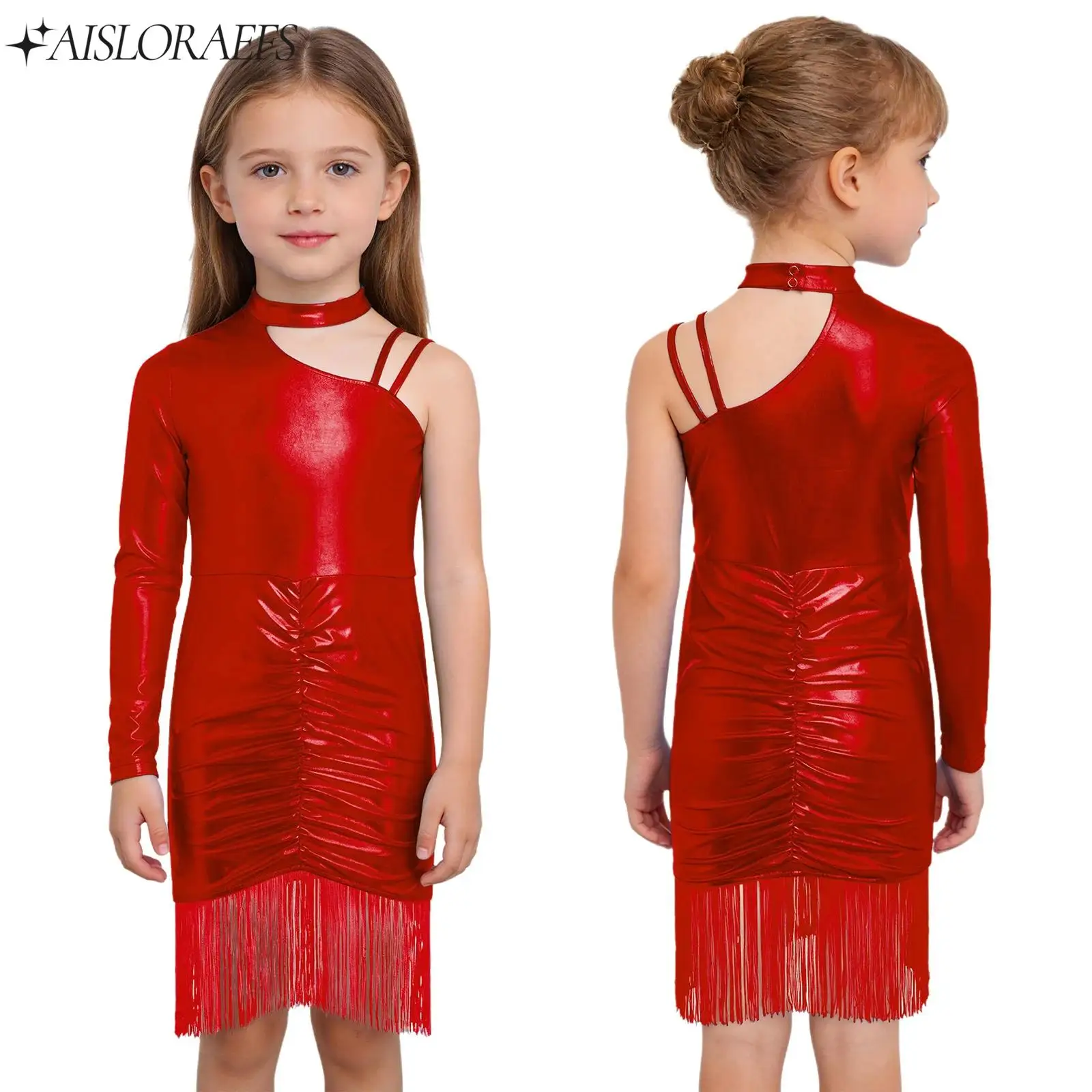

Child Latin Dance Dress Girls Tango Cha-cha Samba Dance Stage Performance Costume Toddler Asymmetrical Shoulder Tassels Dresses