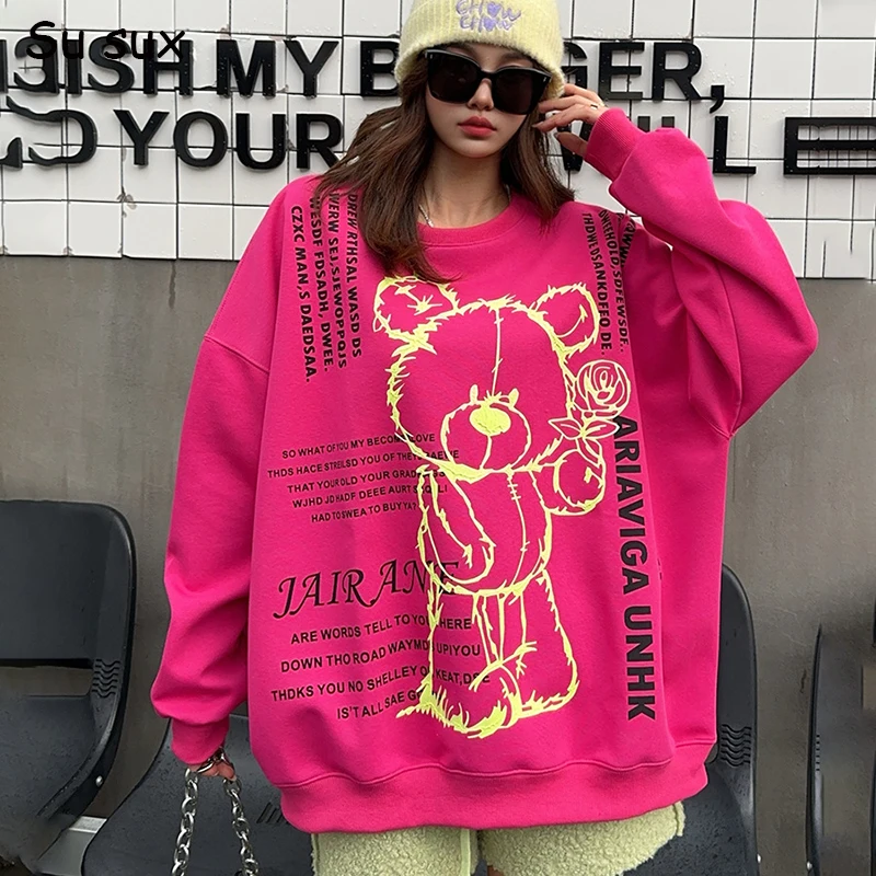 

Embroidered Cartoon Bear Oversized Sweatershirt Y2k Tops Clothes Women Casual Loose Pullovers Long Sleeve Sportshirt 2024