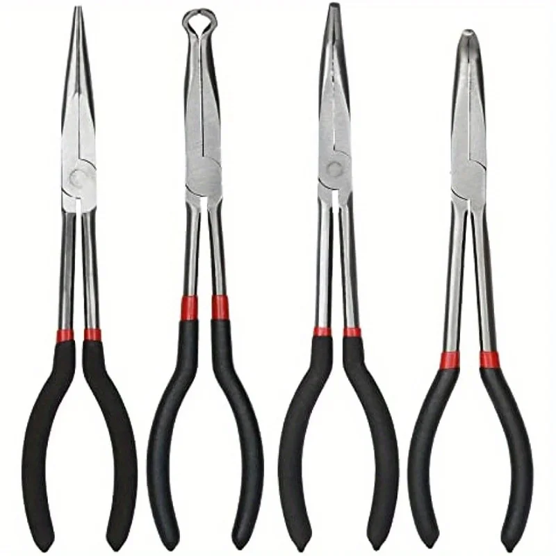 11 inch Needle Nose Pliers Set 4 Pack Long Nose Pliers Set Straight Long 45 90 Deg Needle Pliers and Long Reach Circ