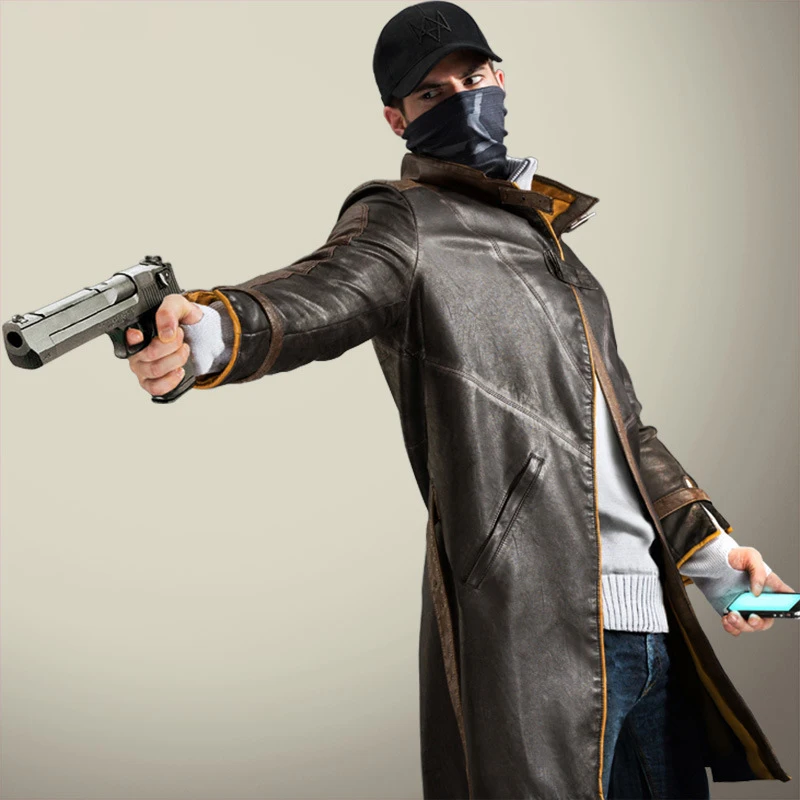 Coupe-vent en similicuir pour hommes, costume de cosplay, manteau de jeu en plis, pull et chapeau, chien de montre de jeu, aiden pearce