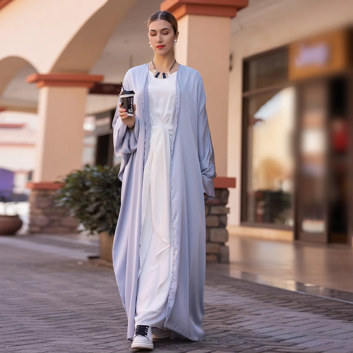

Ramadan Eid Satin Abayas for Women Muslim Kimono Open Cardigan Maxi Dress Turkey Kebaya Islam Clothing Kaftan Robe Dubai Abayas