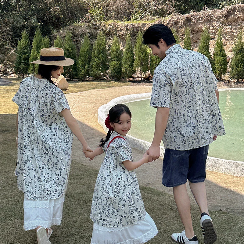 Summer Family Matching Clothes Set Shirt Father Mother Daughter Son Flower Print Short Sleeve Dad Mom Baby Family Look Costume
