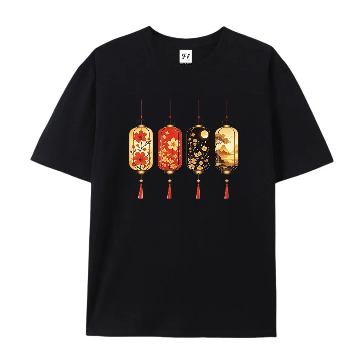 Women Men Unisex Chinese Vintage Lantern Graphic T Shirt Casual Short Sleeve Tee Oriental Floral Landscape Lamp Print Soft Tops