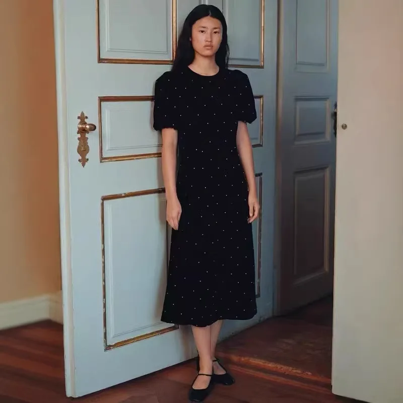 

Ретро-платье миди А-силуэта с жемчужной отделкой и бархатными рукавами-фонариками, с завышенной талией, для женщин, весна-лето, новинка