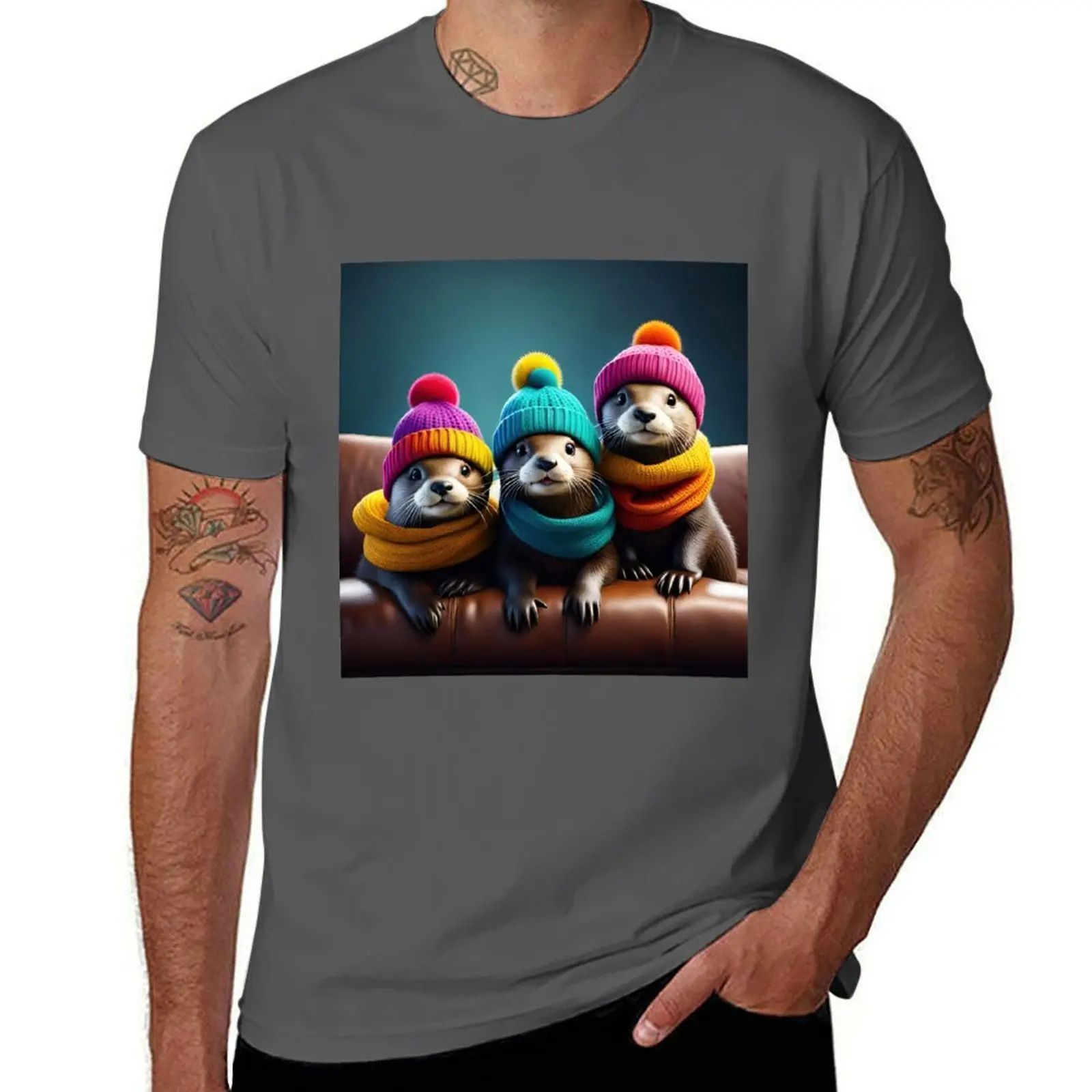 

Three Cute Otters on a Couch T-Shirt Trendy Print Short Sleeve T-Shirt