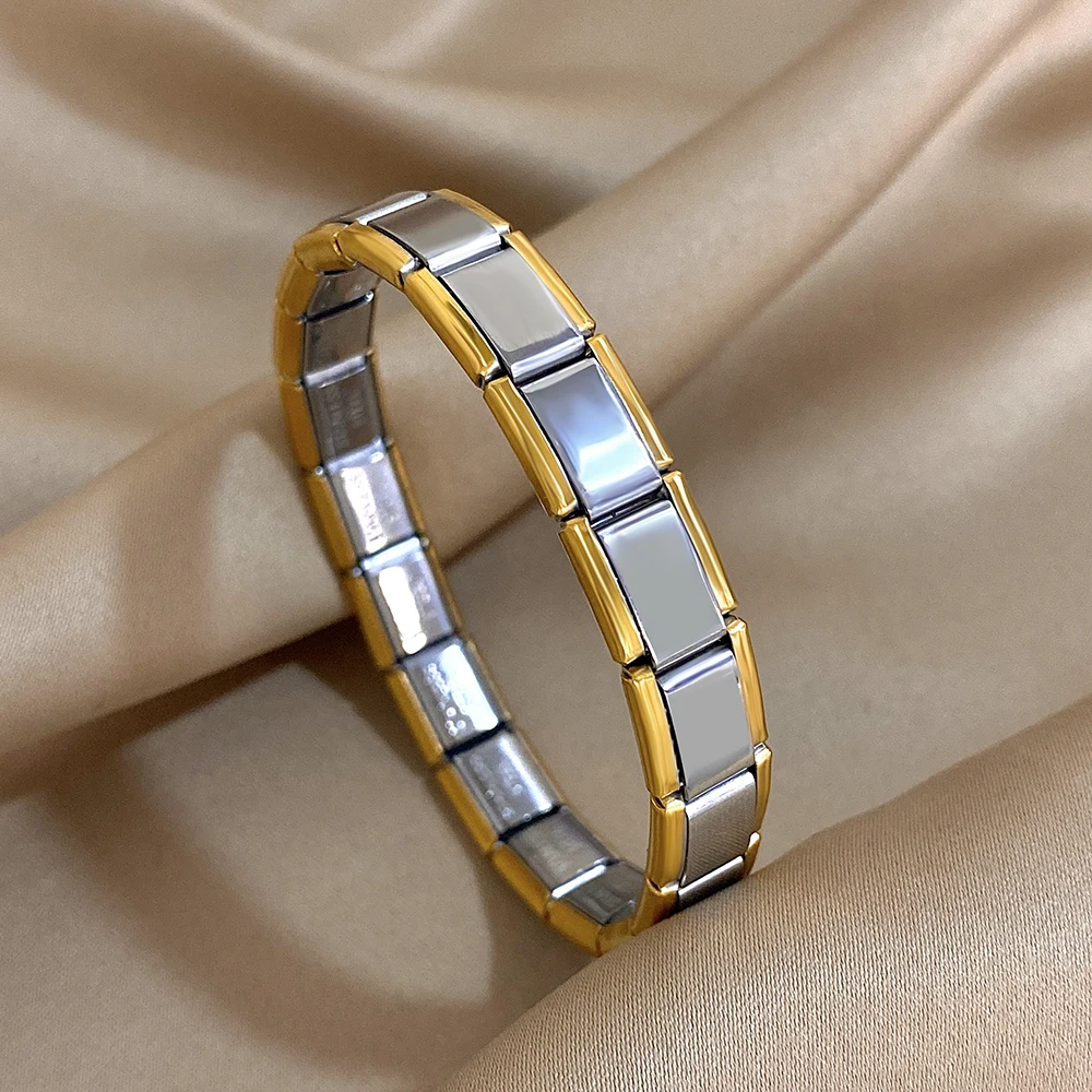 Italienisches Charm-Starter-Edelstahlarmband für Damen und Herren, dehnbares Armband, modulare Gliederkette, goldfarbener Armreif – Detail 9