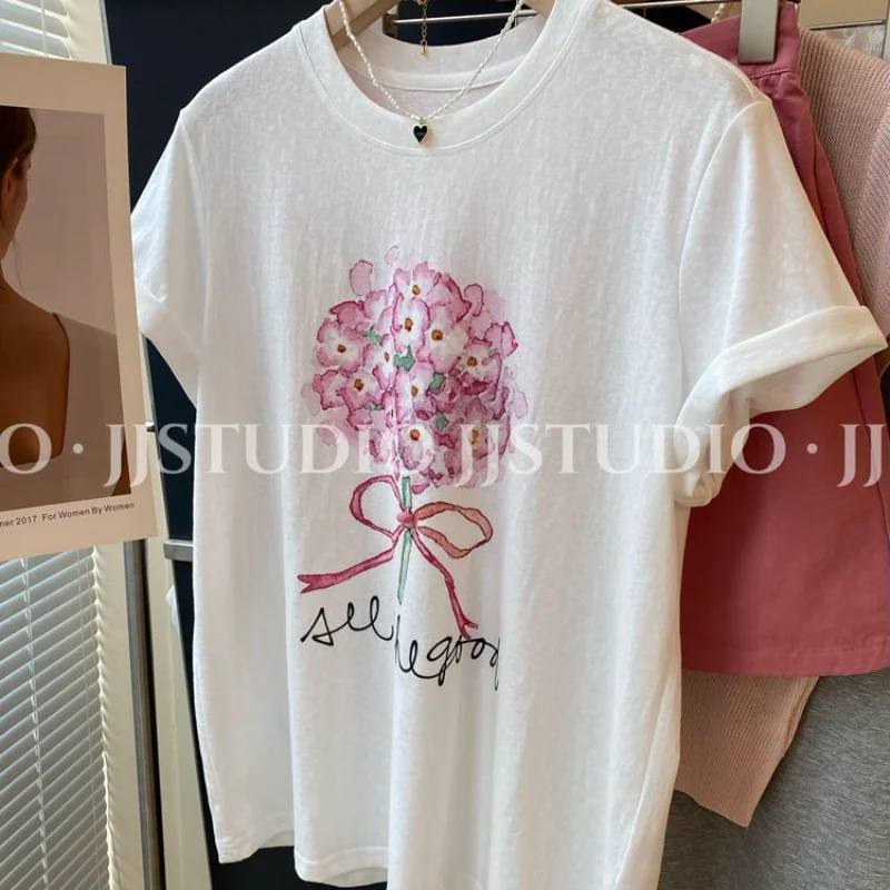 Women's White Short Sleeve T-Shirt Watercolor Hydrangea Print with Bow Detail Crew Neck Rolled Cuffs Loose Fit Casual Top
