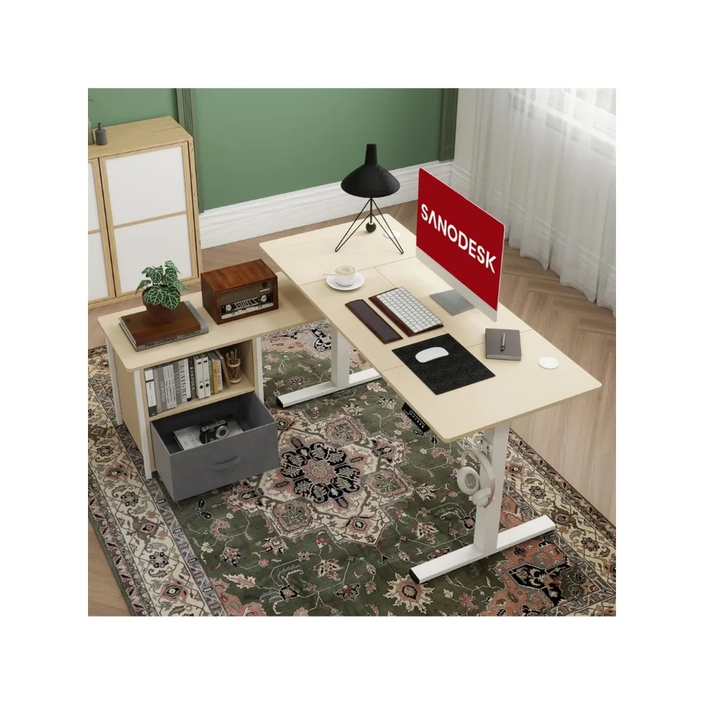 55'' L Shaped Standing Desk , Electric Height Adjustable Stand up Desk w/USB Charge Ports,White Frame/Maple Top