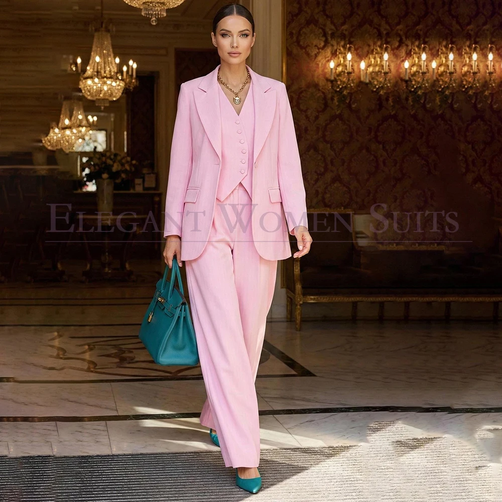 Luxury Pink Women's Evening Suits 2026 Solid Color One-Button Peak Lapel Loose Fit 3 Piece Jacket Pants Vest Full Sets Costume
