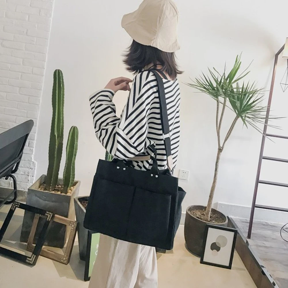 Multi-Pocket Canvas Bag Large Capacity Shoulder Bag Solid Canvas Bag Casual Commuting Women'S Tote Bag for Women Handbag 1pcs