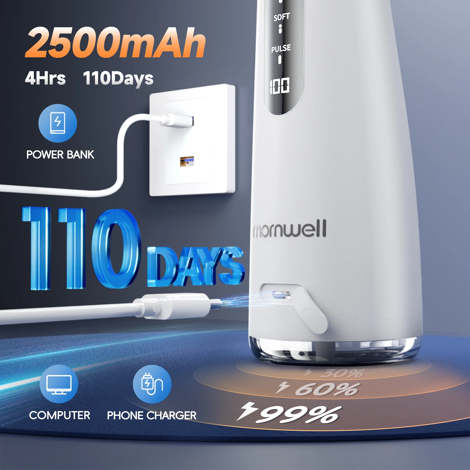 Cordless Acqua Dentale Flosser 4 Jet Tips 4 Modalità 260ML Portatile Ricaricabile Irrigatore Orale IPX7 Impermeabile per la Cura delle Gengive