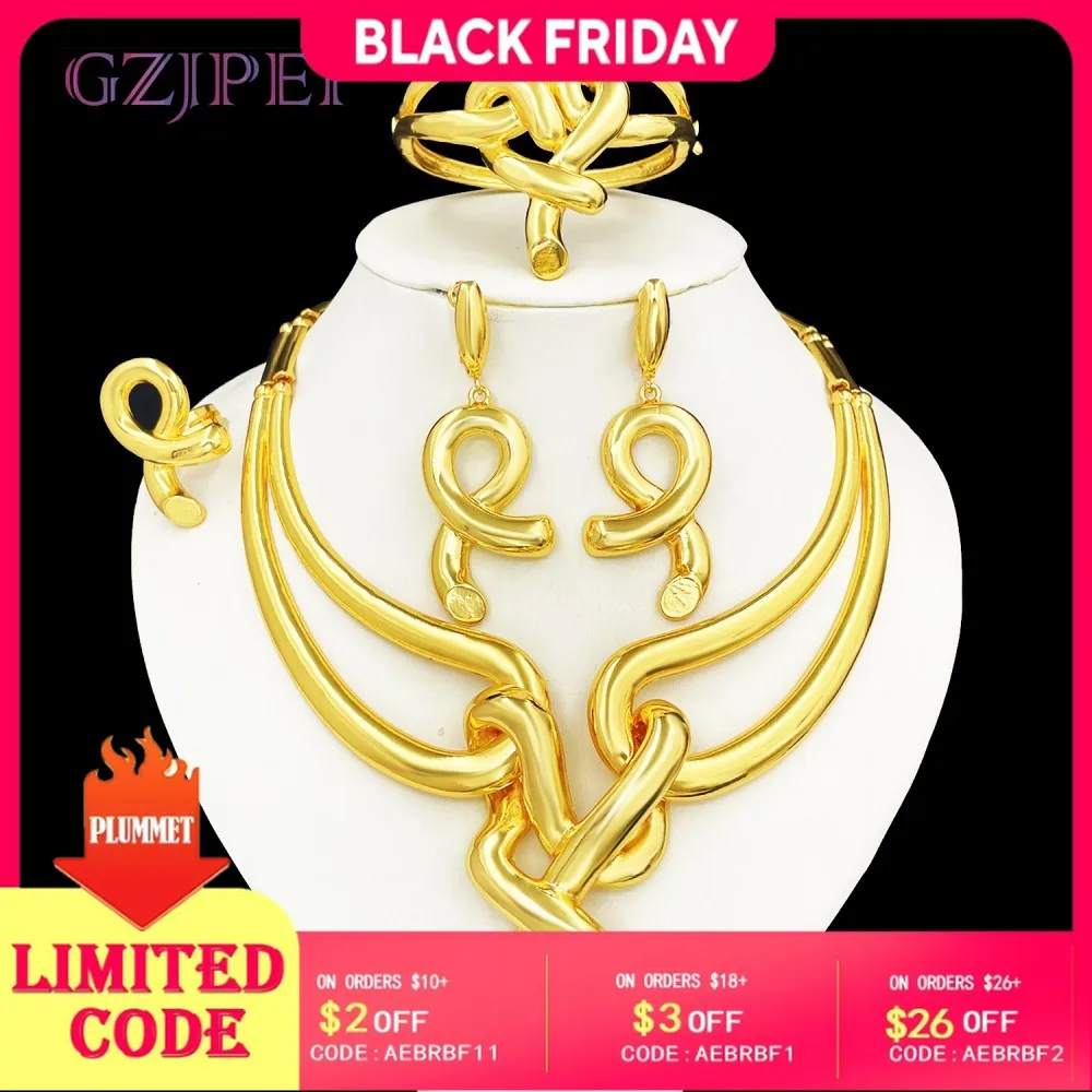 

GZJPEI Exaggeration Big Jewelry Set Chunky Large Necklace Bracelet Twist Earring Ring Hight Quality 18K Gold Plated Jewellery