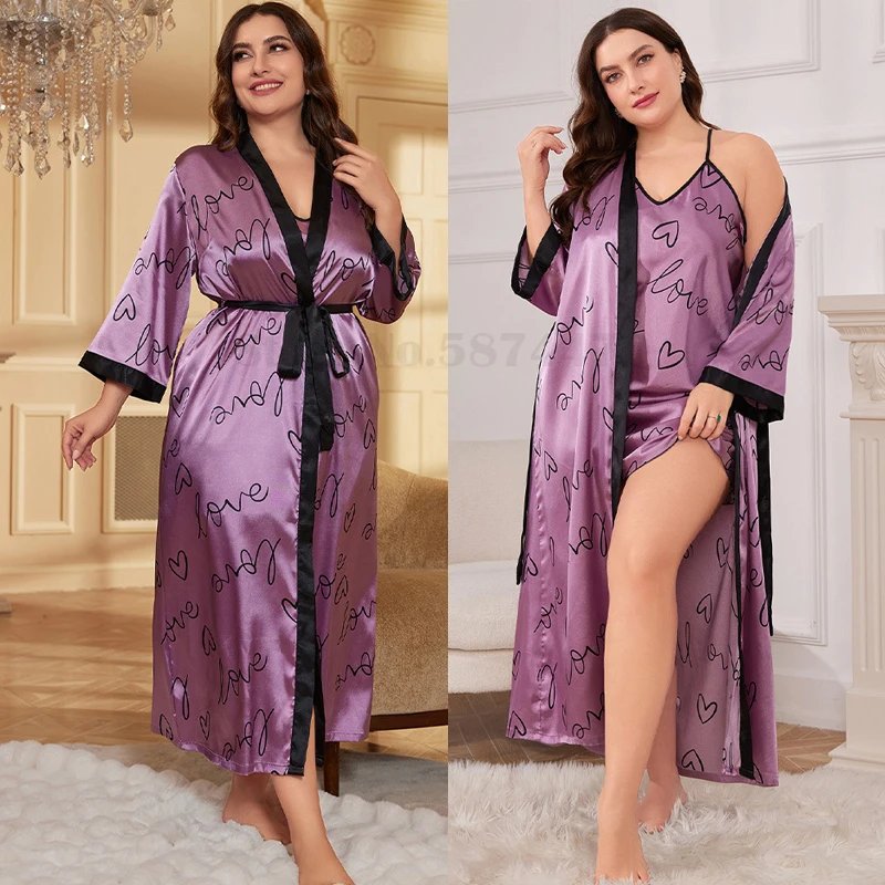 Loose Casual Silk Satin Home Wear Women Plus Size 5XL Sleepwear Minimalist Printed Nighty&Robe Set Spring Summer Long Bathrobe