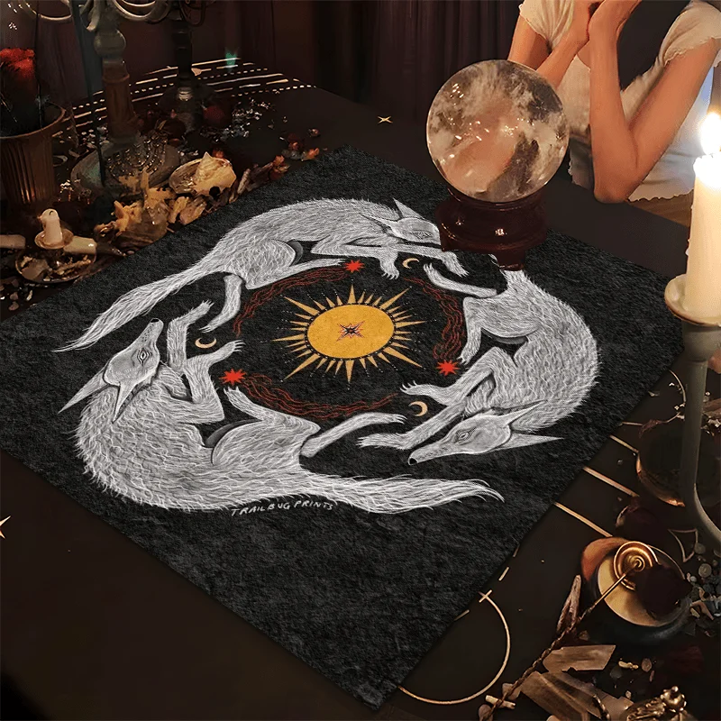 VIKAMA Sun Moon Three Wolves Tarot Altar Cloth Dark Style Ritual Tablecloth Witchcraft Meditation Mat Tarot Reading Cloth Energy