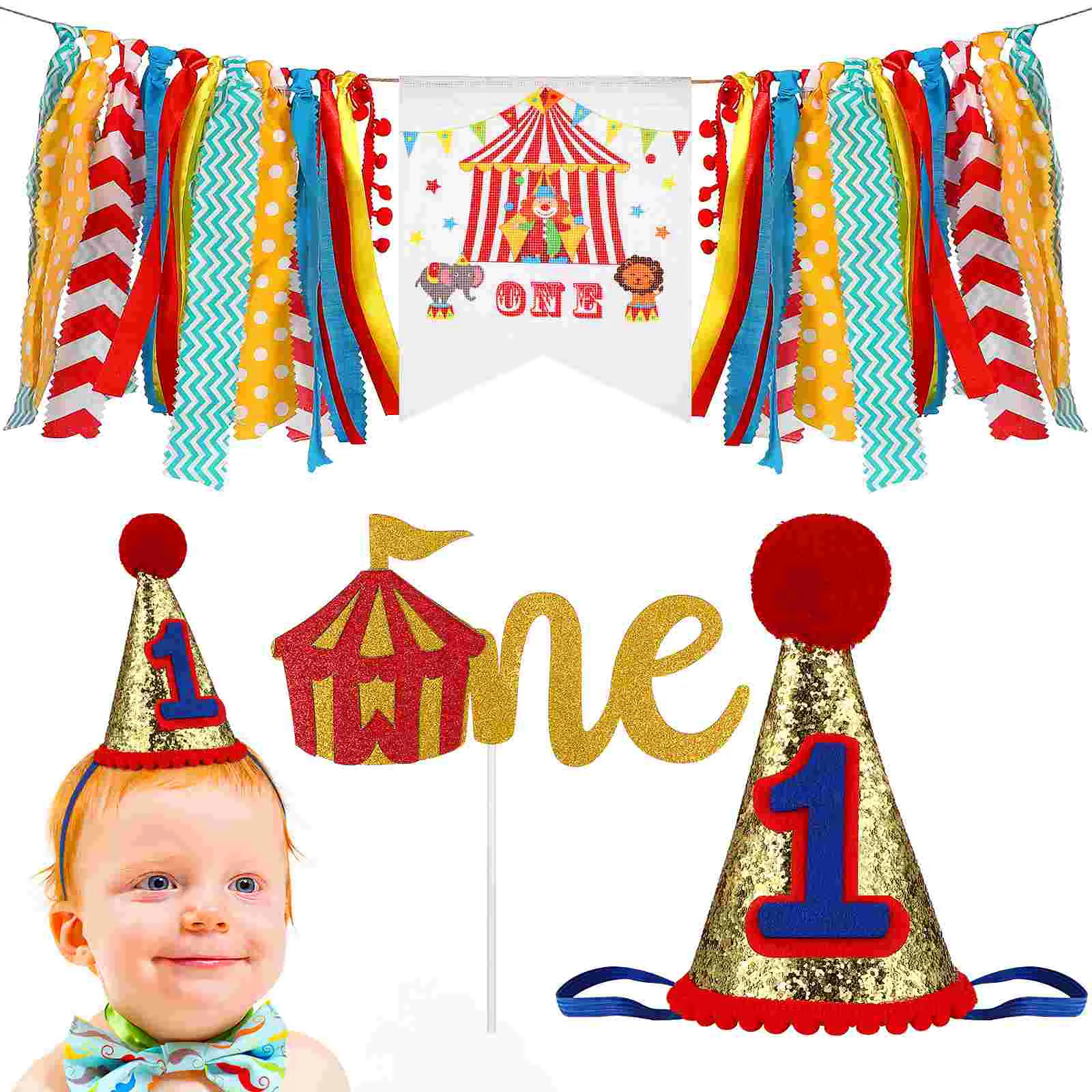 

3 Pcs First Birthday Decorations for Boy 1st High Chair Banner Kit Hat Crown Party Supplies Baby