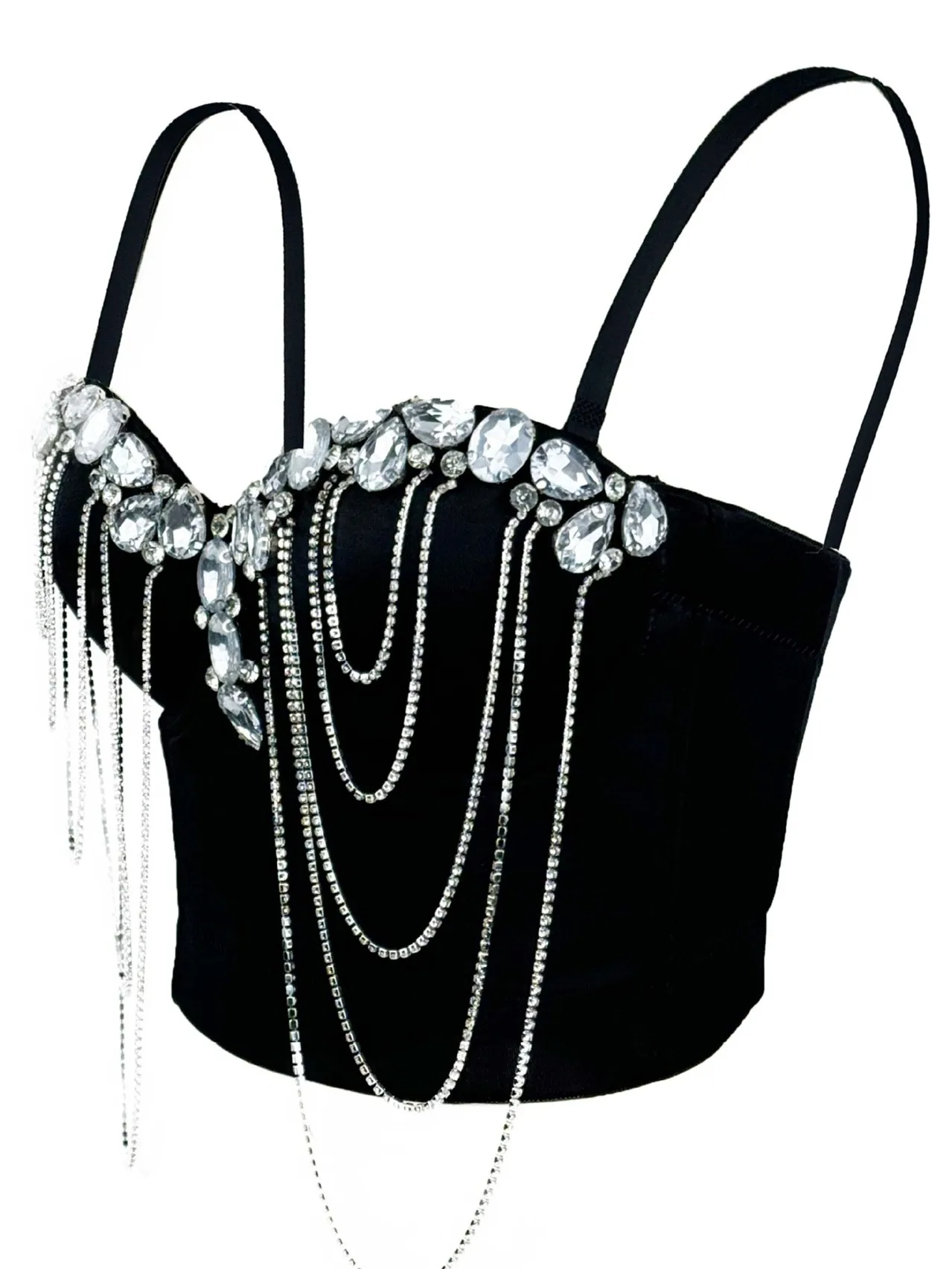 Rhinestone Chain Beading Lady Corset Sexy Shiny Dancer Performance Bustier Girls Tank Top Lady Cropped Top Club Party Bralet