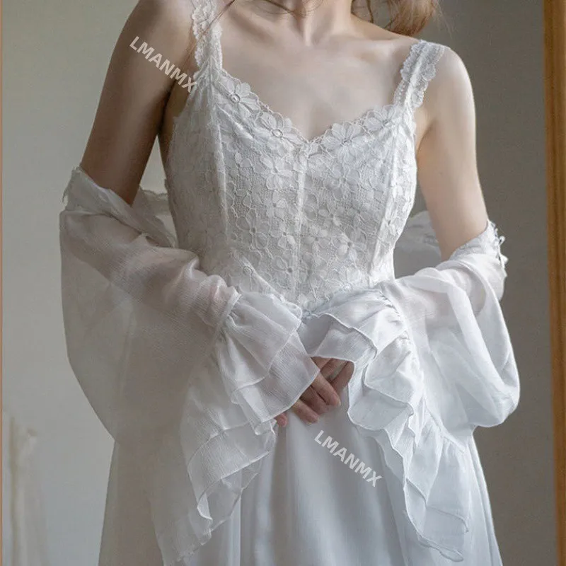 Long White Wedding Robe Nightgown Set Elegant French Court Style Sleepwear Nightdress Sweet Lace Gauze Home Dress Bathrobe