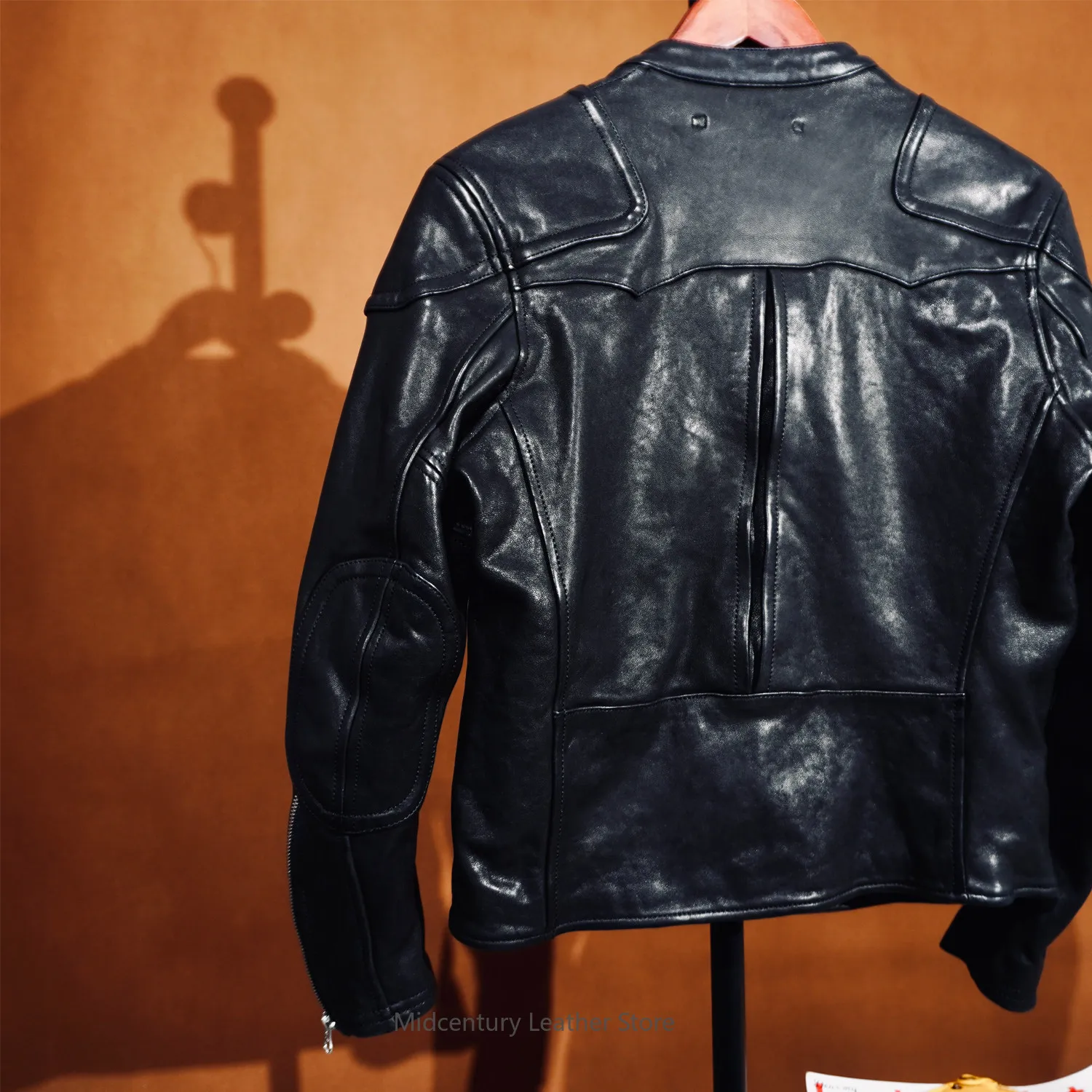 Classic washed vegetable tanned sheepskin motorcycle jacket