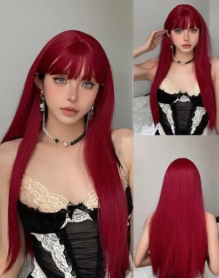 

Long Wine Red Straight Wigs for Women Synthetic Hair Wig with Bangs Daily Party Natural Cosplay Heat Resistant Wig