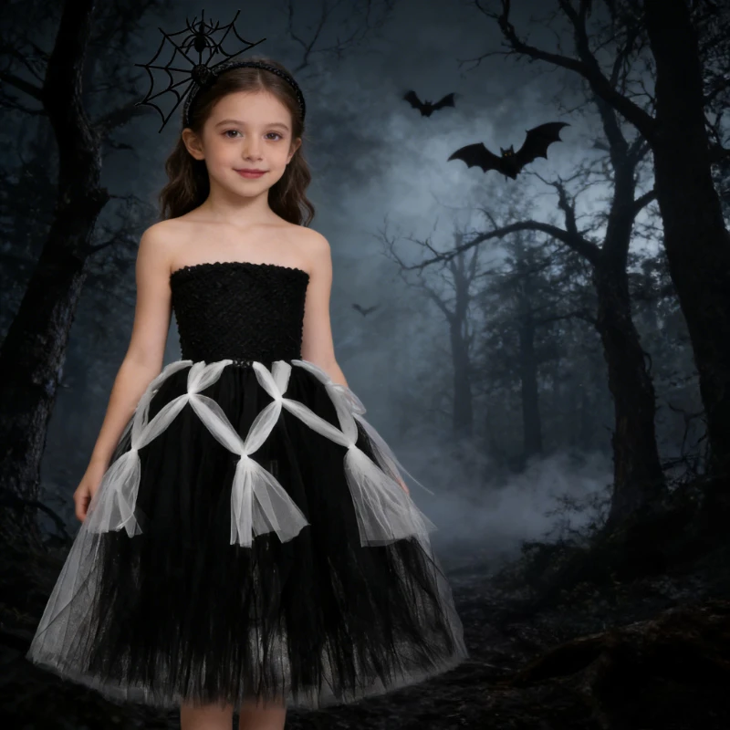 Black Spider Web Halloween Clothes for For Kids Carnival Party Outfit Children Deguisement Clothes Girls Witch Long Tutu Dress