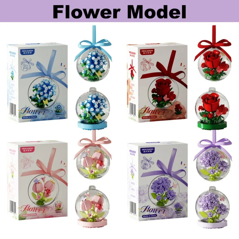 Flower Crystal Ball Building Blocks Rose and Tulip Preserved Flower Desktop Ornament Birthday Gift for Girls