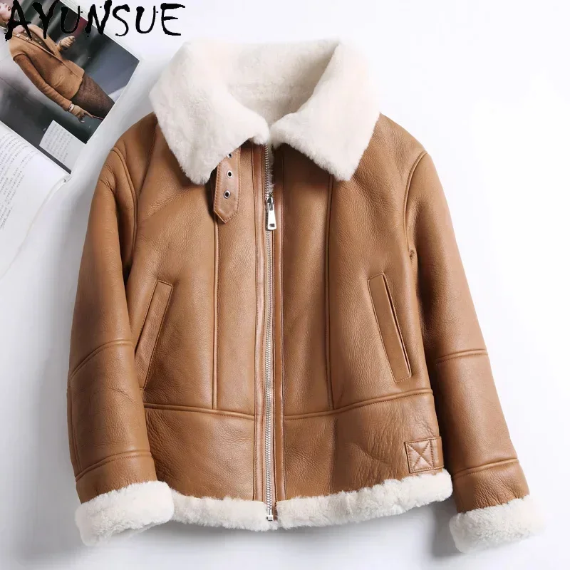 

Fashion AYUNSUE Natural Merino Sheep Fur Jackets for Women 2024 Winter Real Lamb Leather Jacket Female Short Coat Luxury