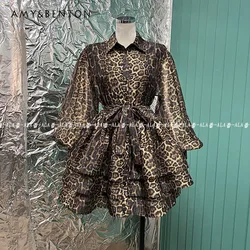 Primavera popolare retrò classico modello leopardo monopetto manica lanterna camicia a strati vestito gonfio Cinched abito corto femminile