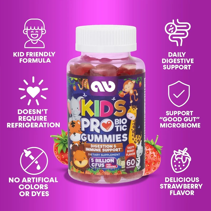 Gommes probiotiques pour enfants-Vitamines naturelles pour la santé digestive et le soutien immunitaire-Gluten et sans produits laitiers-60 gommes