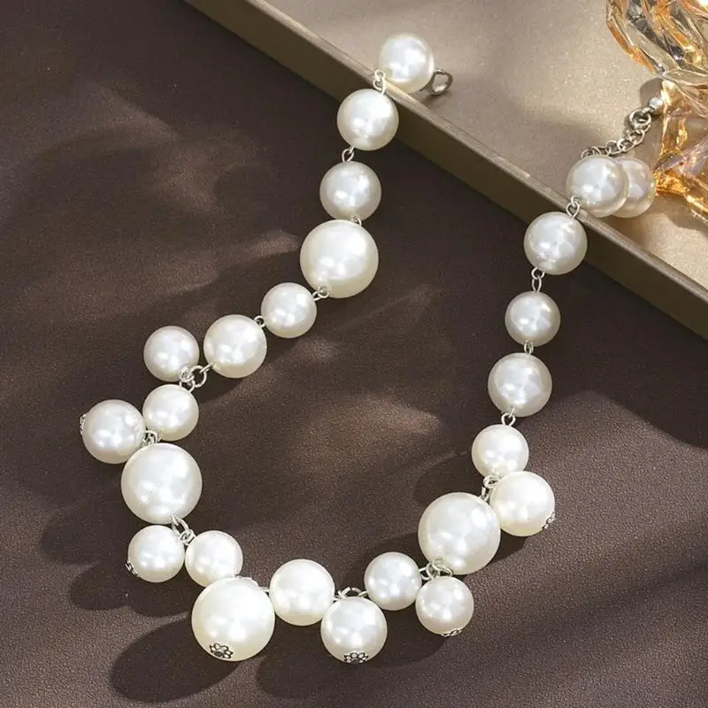 Pearls Look Statement Collarbone Necklace for Women Mixed Large Bead Design with Silver Tone Links for Wedding Guest Outfits and