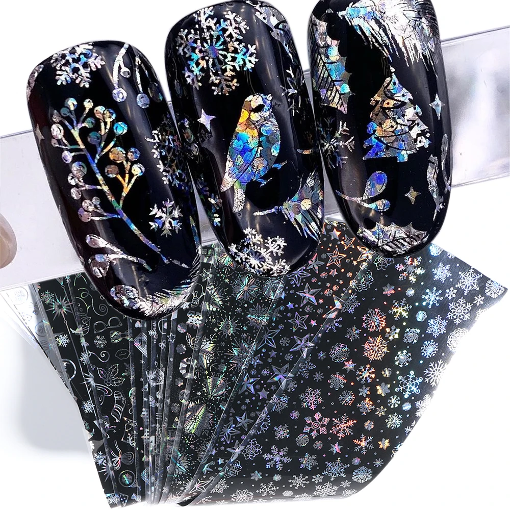 10Pcs Holographic Nail Transfer Foils Christmas Decoration 2022 Snowflakes Stars Flowers Stickers Shiny Nail Wraps Tattoo GL8112