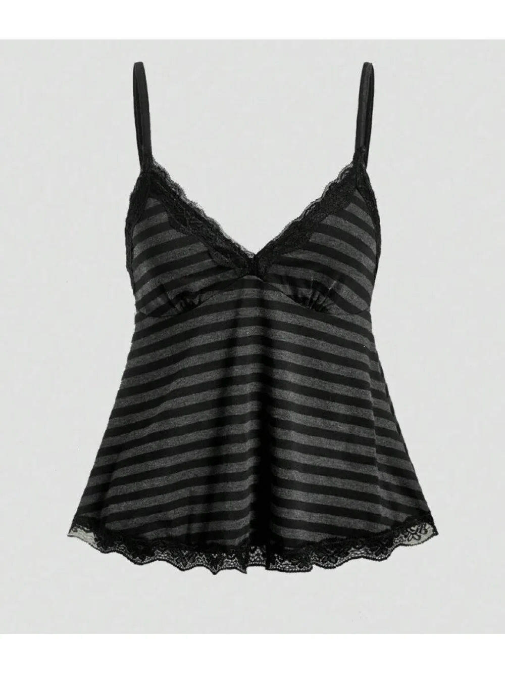 Women Striped V Neck Cami Top Lace Trim Spaghetti Strap A‑Line Swing Hem Sleeveless Camisole For Casual Home Daily Loungewear