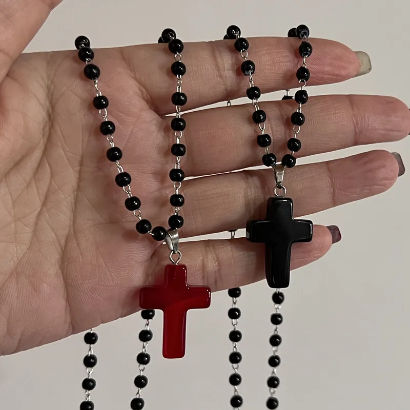 Handgefertigte schwarze Perlenkette für Damen, Gothic-Kreuz, Y2K-Schmuckzubehör