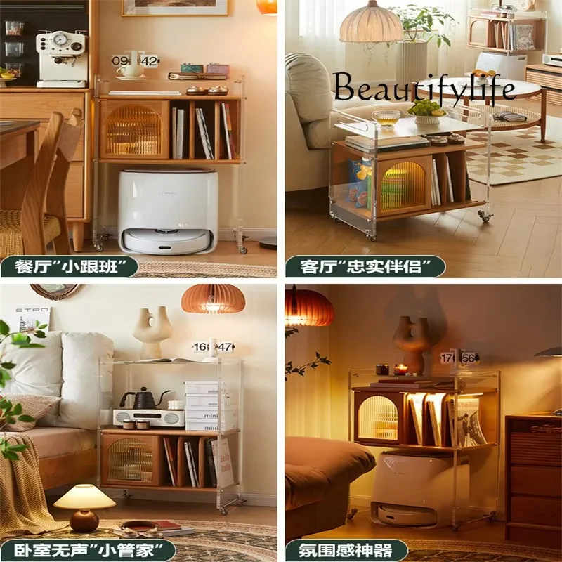 

X40 Cherry Wood Home Living Room Sofa Edge A Few Acrylic Movable Solid Wood Trolley Storage Bookshelf