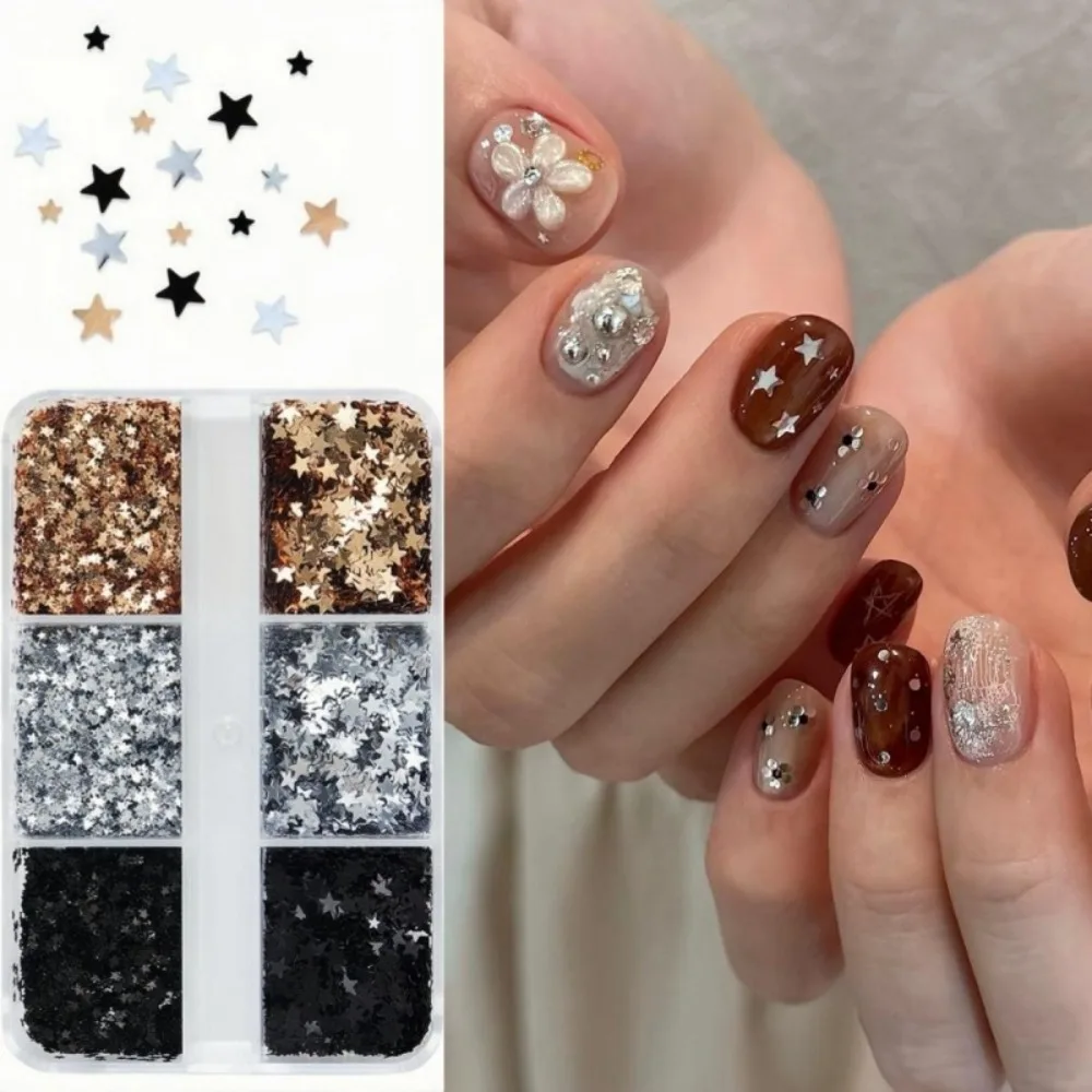 6-Grid Polka Dot Hearts Glitter Nail Accessories Five-pointed Star DIY Nail Charms Colorful Minimalist Nail Art Decorations